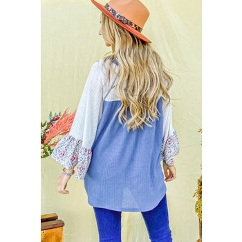 Floral Print Waffle Knit Casual 3/4 Sleeve