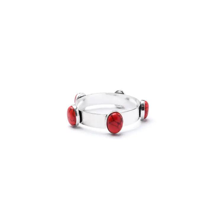Burnished Silver Bangle with 5 Red Oval Stones