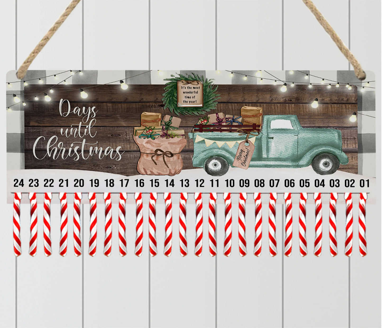 Days Until Christmas Blue Truck Candy Cane Countdown Sign