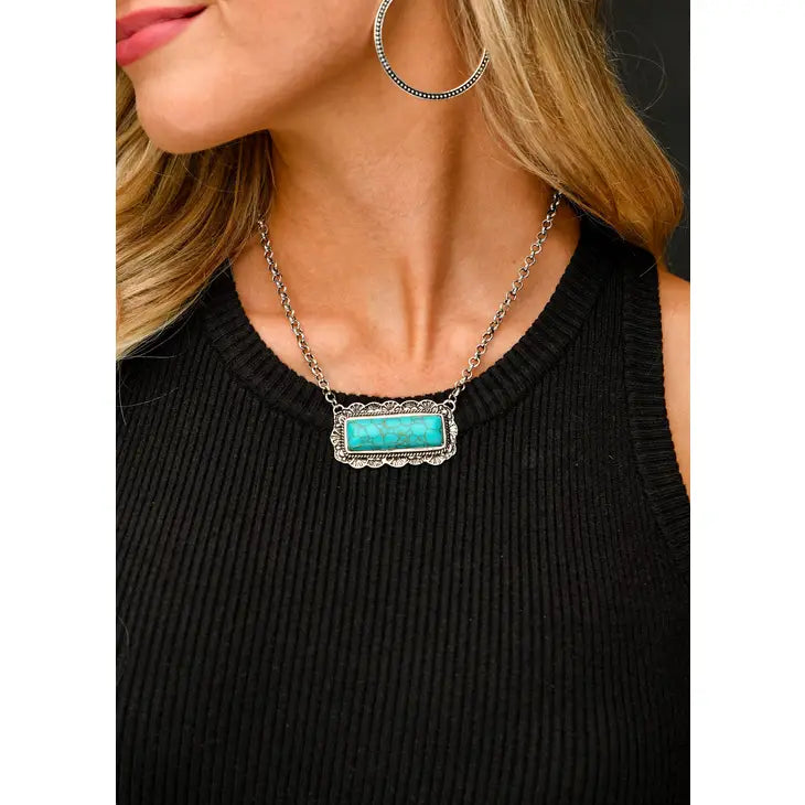 Turquoise Bar Necklace w/ Stamped Border