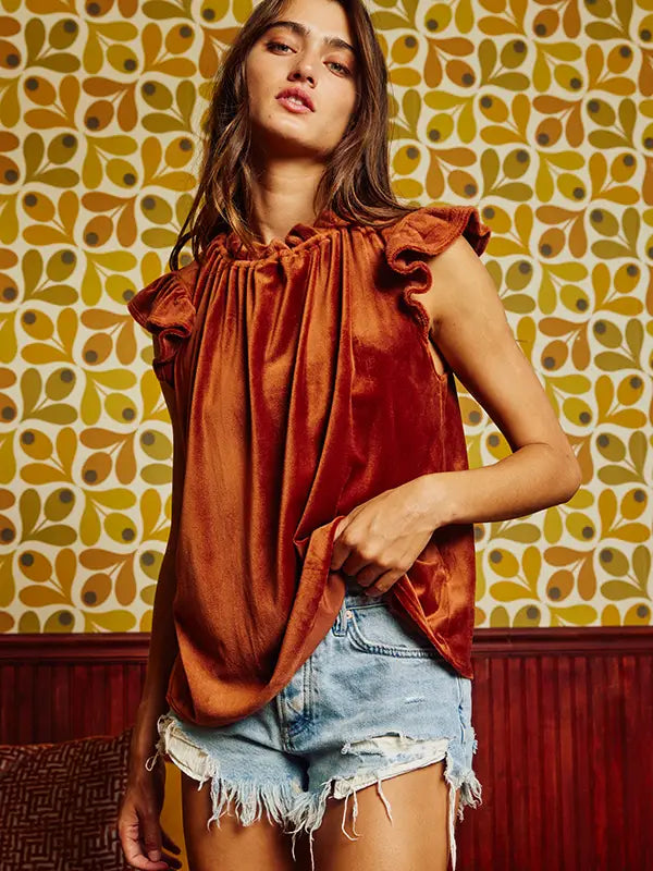Rust Ruffle Velvet Stretched Knit Top