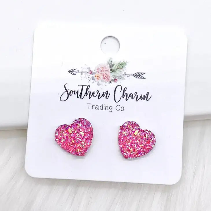 Sparkle Heart Stud Earrings Pink
