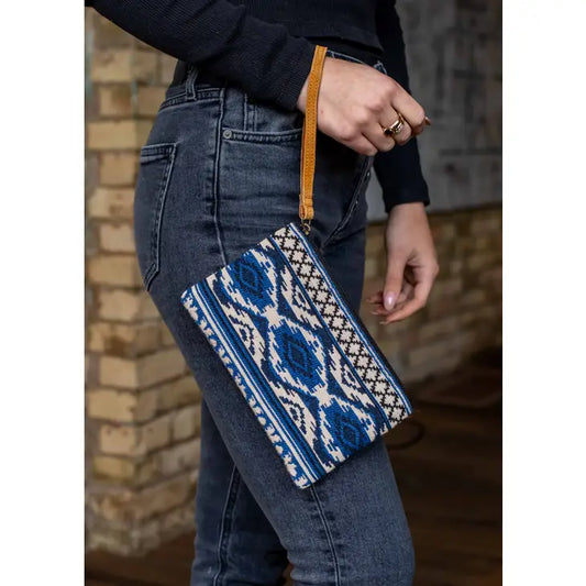 Cream, Black & Blue Aztec Wristlet