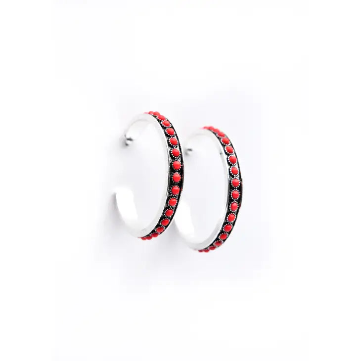 Burnished Silver and Red Hoop Earring