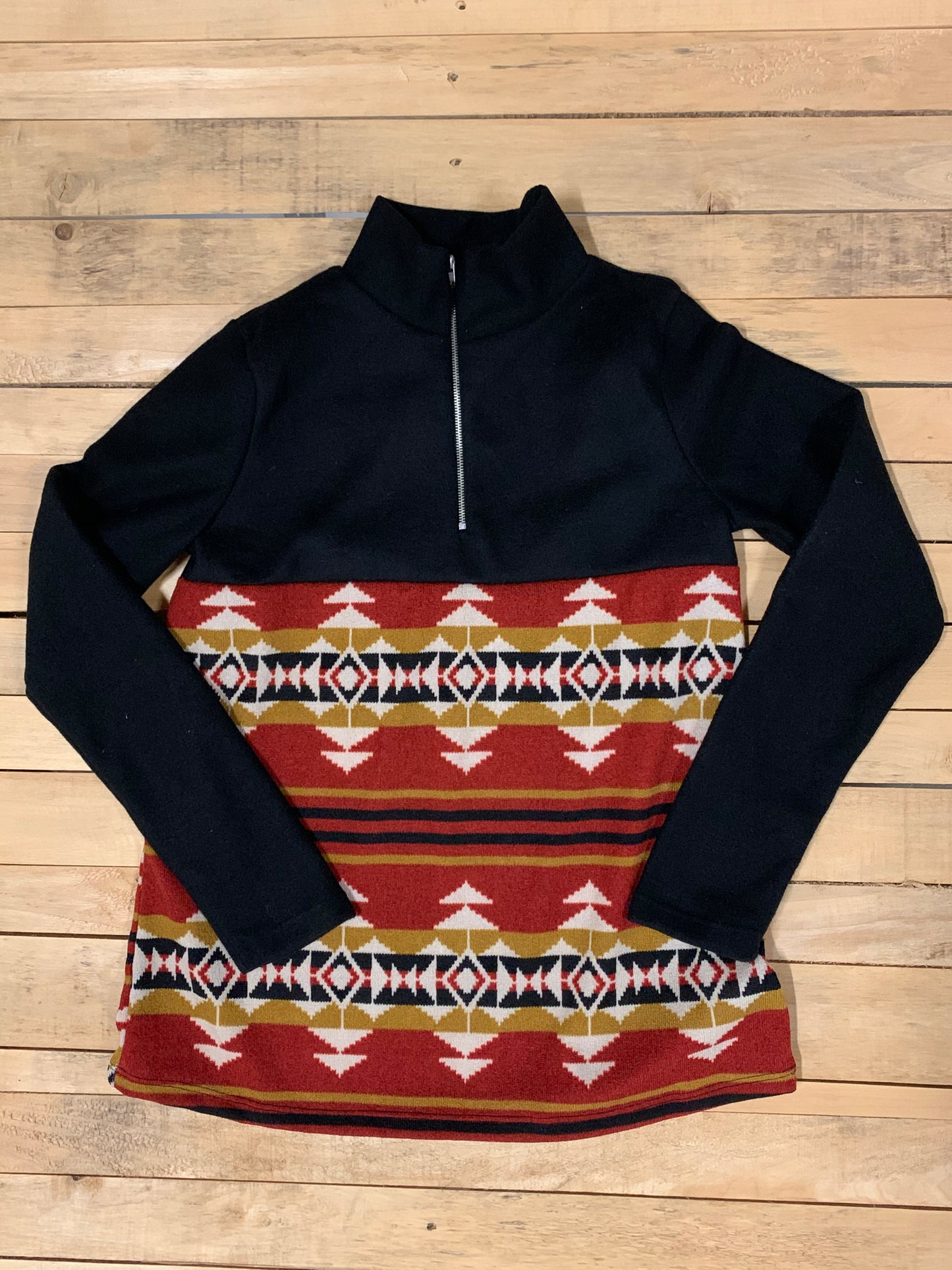 Black Long Sleeve 3/4 zip Rust Aztec knit sweater