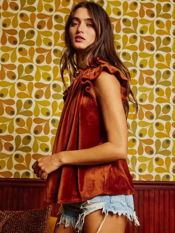 Rust Ruffle Velvet Stretched Knit Top
