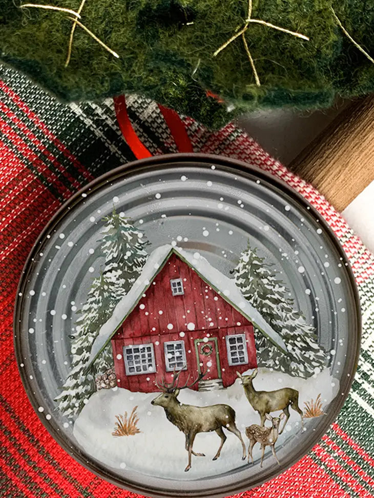 Snowy Red Cabin Tin Christmas Tree Holiday Ornament