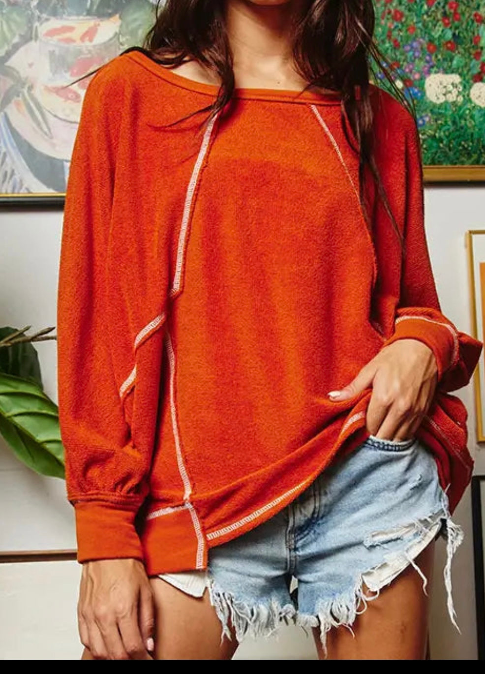 Reverse Stitch Details Dolman Sleeves Solid Tunic Top-Rust