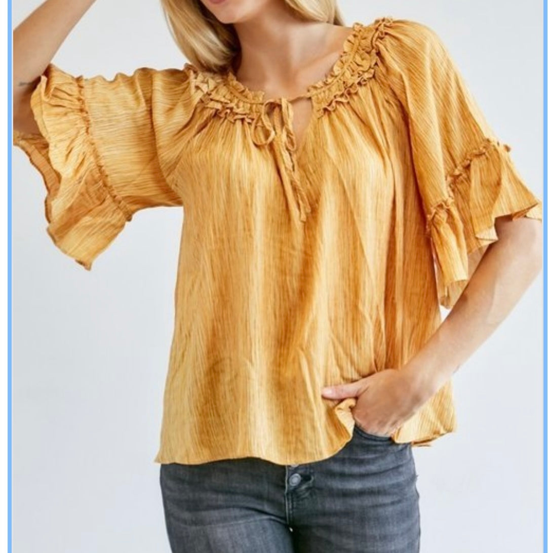 MUSTARD SOLID RUFFLE SHORT SLEEEVE TOP