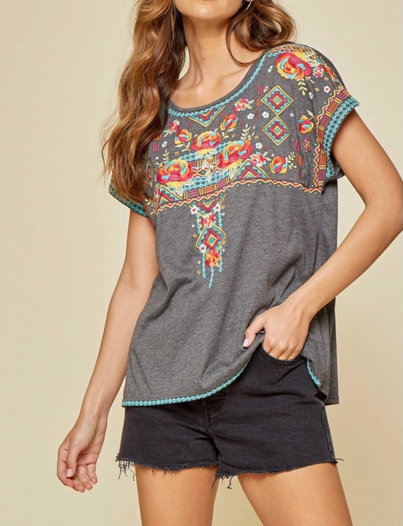 Charcoal Embroidered short sleeve top