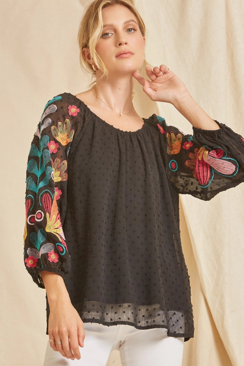 Swiss dot black shirt with embroidered sleeves